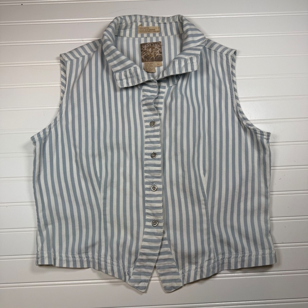 Vintage 90s Live A Little Denim Vest Women Large Blue White Railroad Stripe LAL⁠